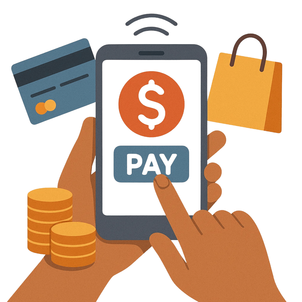 모바일 결제 화면과 카드, 쇼핑백, 동전을 표현한 일러스트