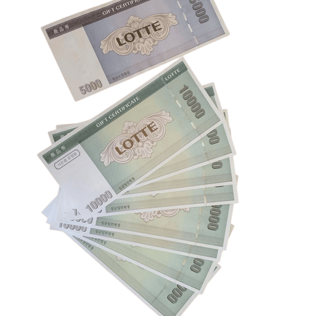 롯데백화점 상품권 여러 장이 부채 모양으로 펼쳐진 이미지