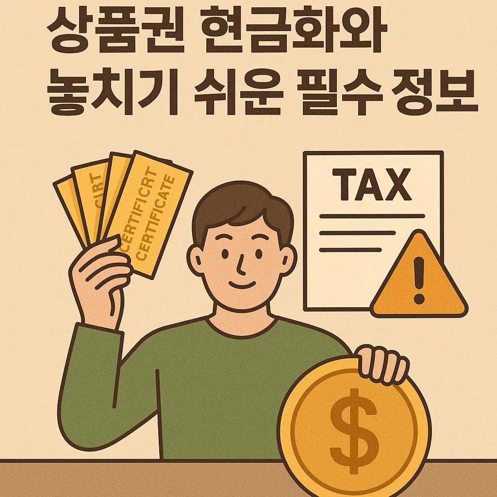 상품권을 들고 세금 안내서를 보는 남성과 경고 표지 일러스트