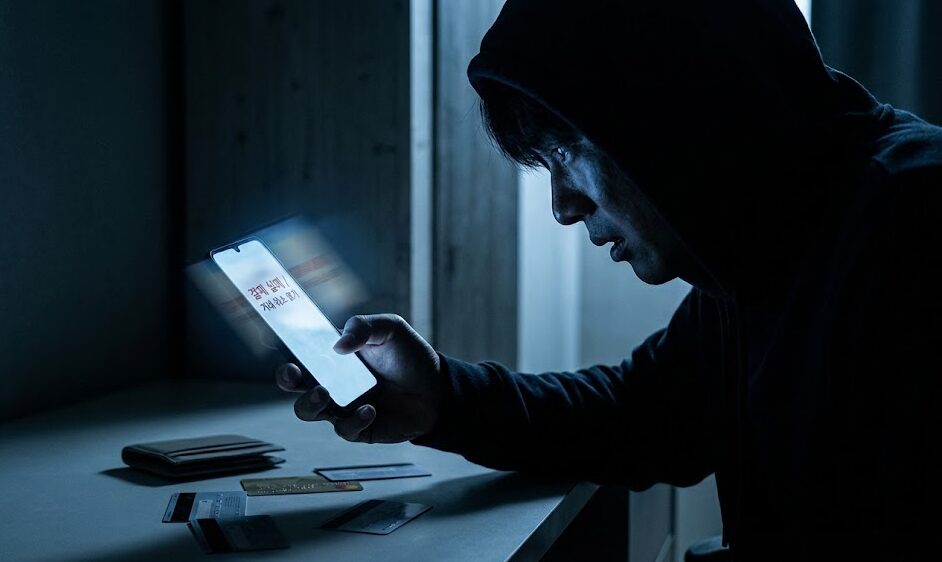 카드깡 사기 피해 사례를 상징적으로 표현한 시네마틱 일러스트