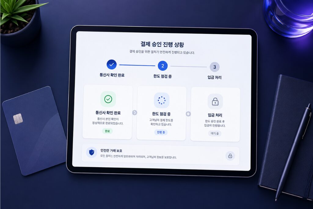 소액결제 현금화 처리 절차 흐름을 보여주는 핀테크 대시보드 — 통신사 상태 확인, 한도 점검, 입금 완료까지의 단계별 UI