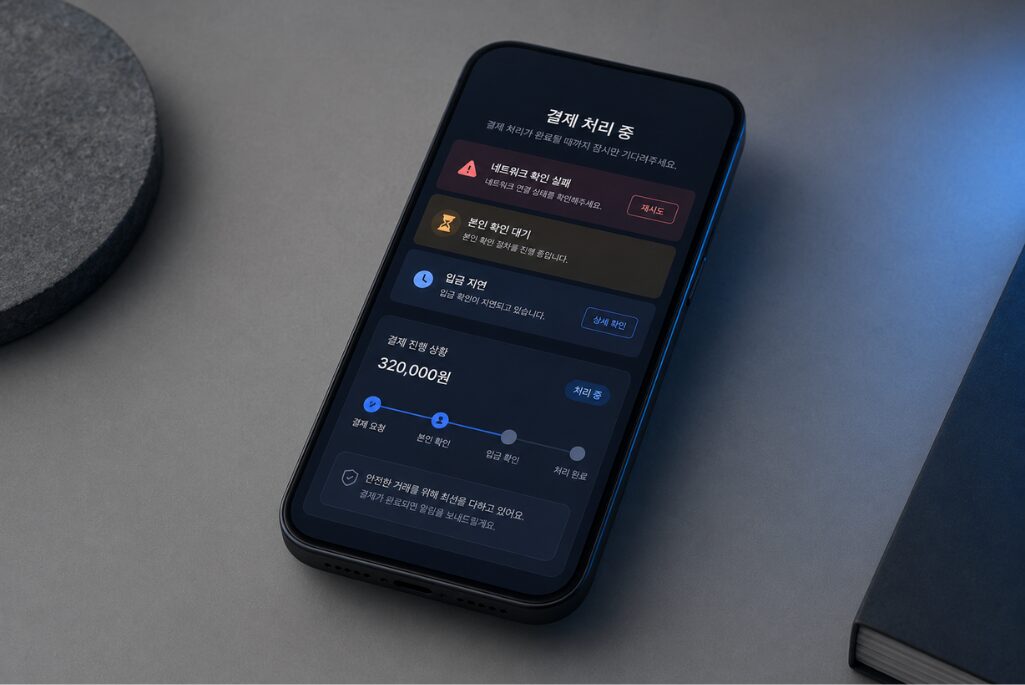 소액결제 처리 지연 상황을 시각화한 핀테크 대시보드 — 통신사 점검 상태, 미납 경고, 시간대 혼잡 표시가 포함된 UI